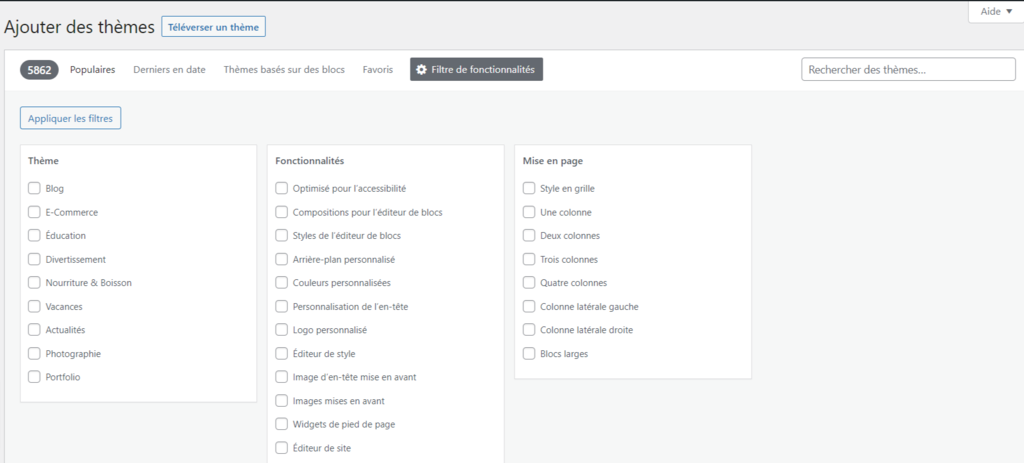 La fonction de filtre de fonctionnalités pour vous aider à choisir un thème WordPress.