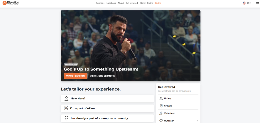 La page d'accueil du site de Elevation Church