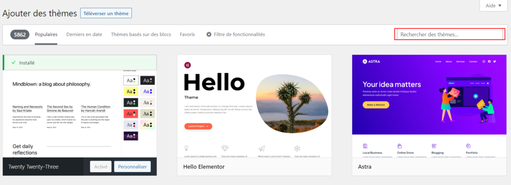 L'option Rechercher des thèmes permet de trouver le thème WordPress souhaité. 