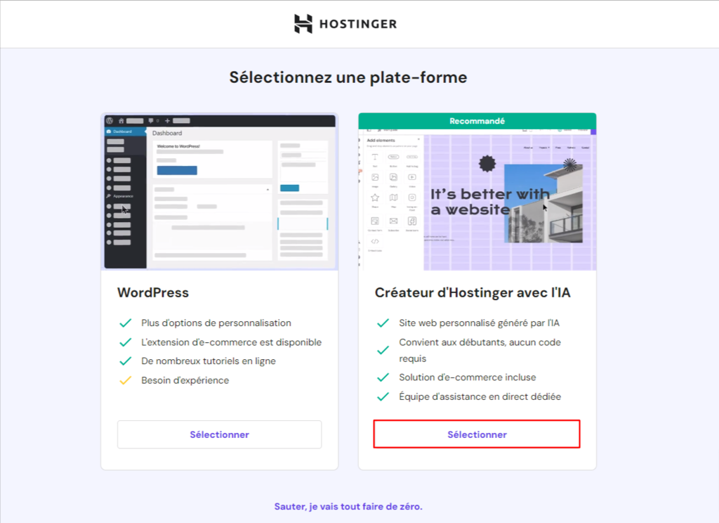 Choisir le créateur d'Hostinger avec l'IA