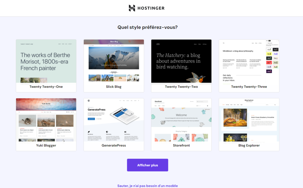 Choisir un modèle pour le site WordPress sur Hostinger