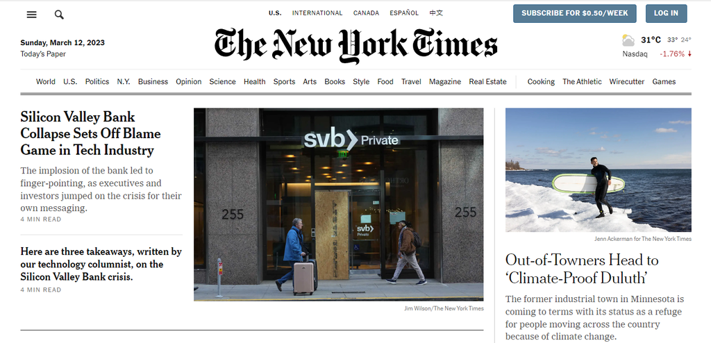 La page d'accueil du New York Times