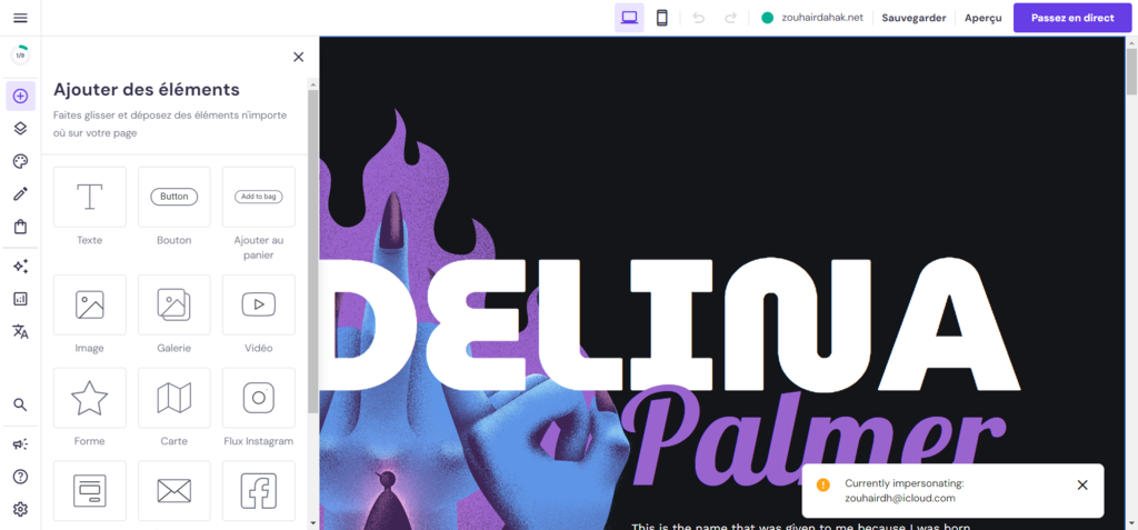 Le menu Ajouter des éléments dans Hostinger Website Builder