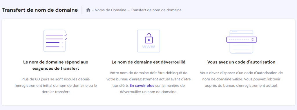&eacute;cran de transfer de domaine sur hpanel de hostinger