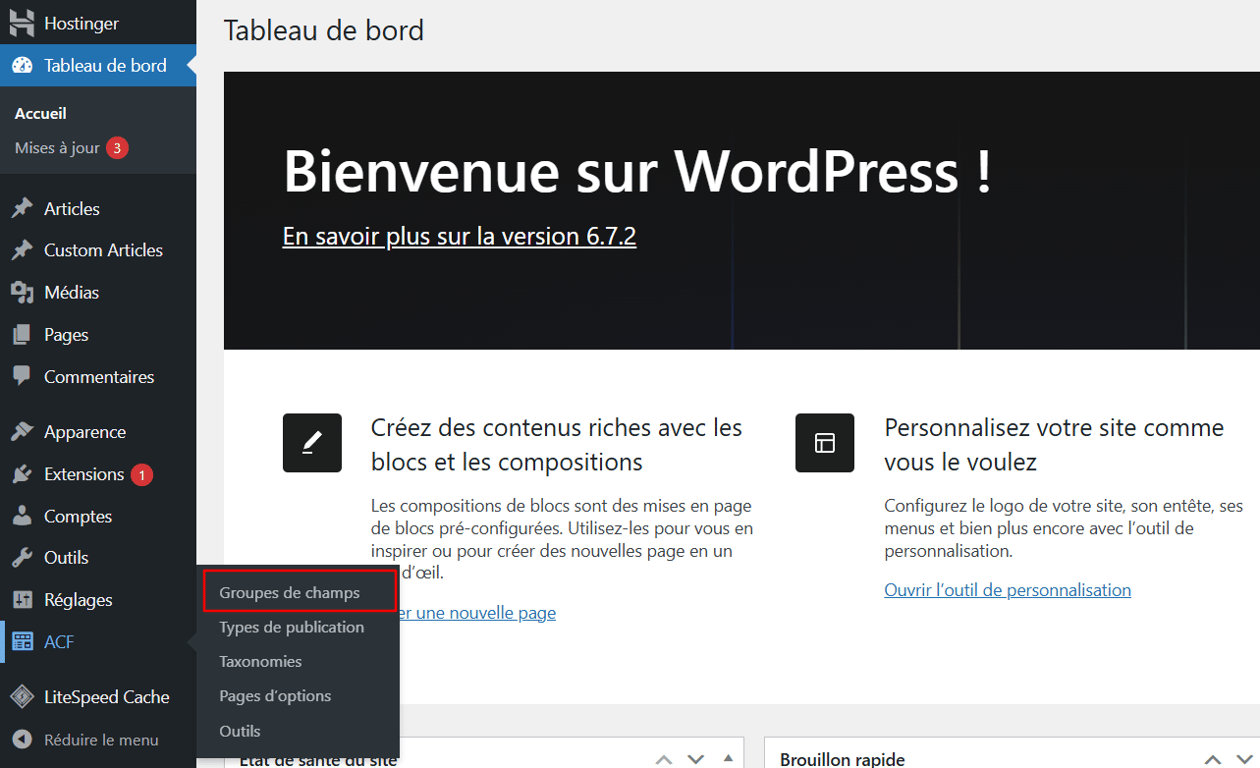 L'option de  Groupes de champs dans la barre latérale de WordPress