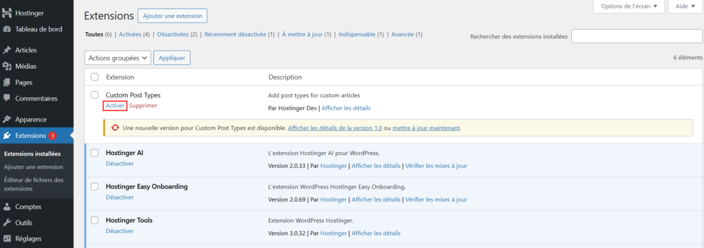 Paramètre d'activation du plugin Custom Post Type