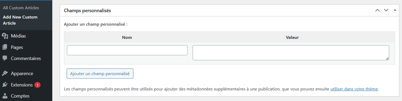 Le champ personnalisé par défaut de WordPress