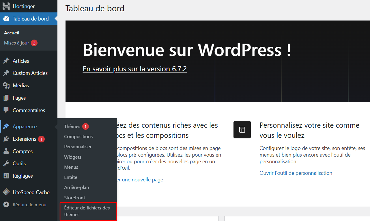 Menu de l'éditeur de fichiers de thème dans la barre latérale de WordPress