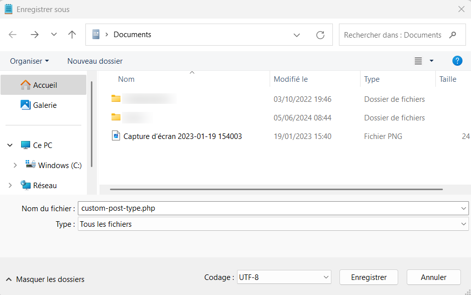 Le code du plugin personnalisé sauvegardé en tant que fichier php avec Bloc-notes