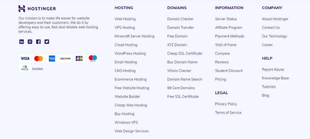 Exemple de pied de page sur le site web d'Hostinger