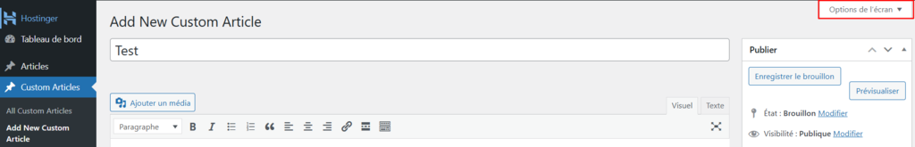 Le menu Options de l'écran dans l'écran d'édition d'un article WordPress
