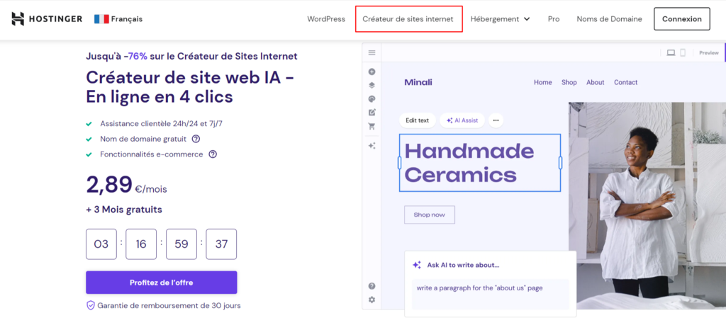 Page d'accueil du cr&eacute;ateur de sites d'Hostinger