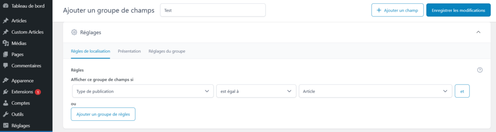 Paramètres des règles de localisation du plugin Advanced Custom Field