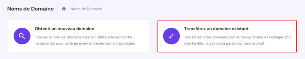 capture d'&eacute;cran hpanel hosinger montrant le bouton de transfert de domaines