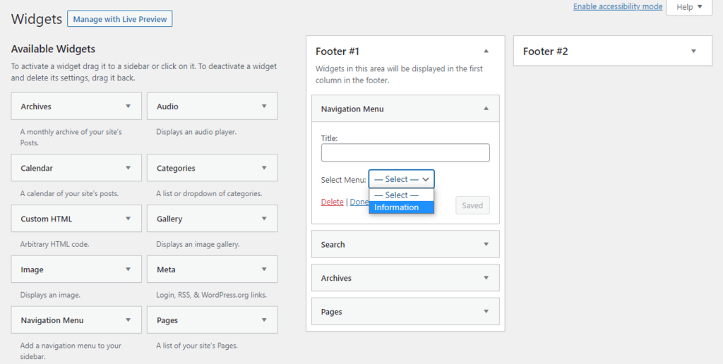 Sélection d'un nouveau menu dans la zone du pied de page sur la page Widgets de WordPress