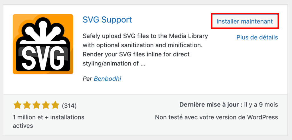 Le plugin SVG Support dans le r&eacute;pertoire officiel de WordPress