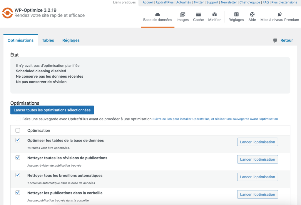 Le plugin WordPress WP-Optimize est installé et activé