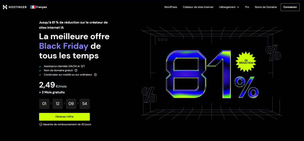 Page d'atterrissage de notre créateur de site web Hostinger IA