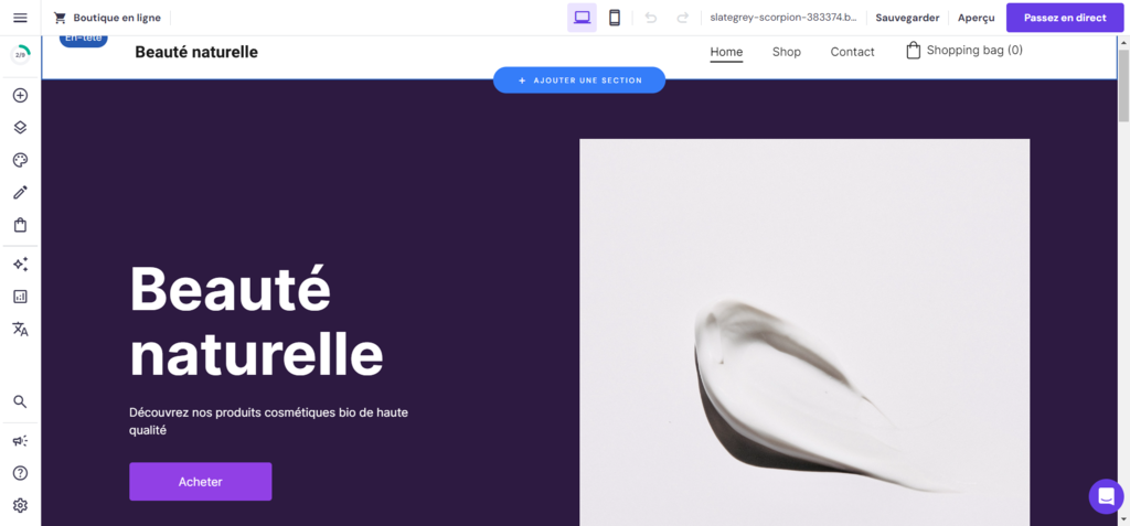 l'interface utilisateur du cr&eacute;ateur de sites web hostinger