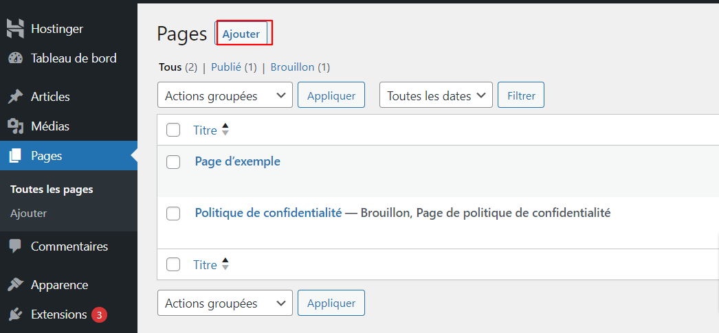 La section Pages pour ajouter une nouvelle page dans WordPress