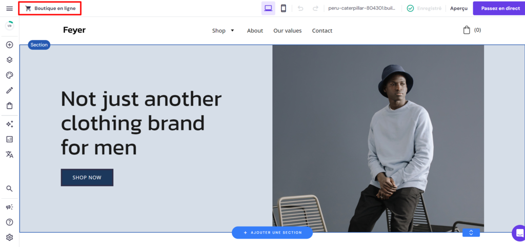 L'&eacute;diteur du cr&eacute;ateur de site Hostinger avec le bouton "Boutique en ligne" en surbrillance
