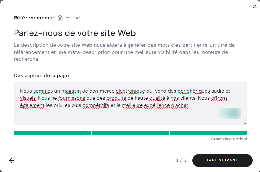 La fenêtre pop-up de l'assistant de configuration SEO