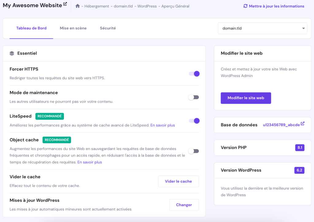 La page de pr&eacute;sentation de WordPress sur hPanel