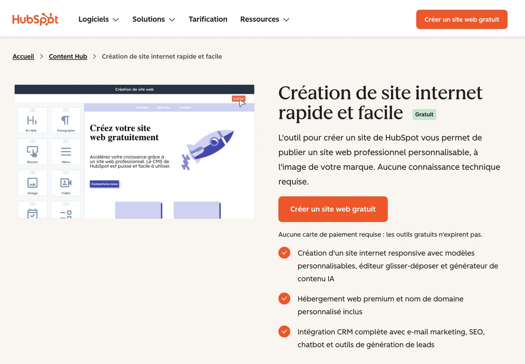 Landing page du cr&eacute;ateur de sites internet HubSpot