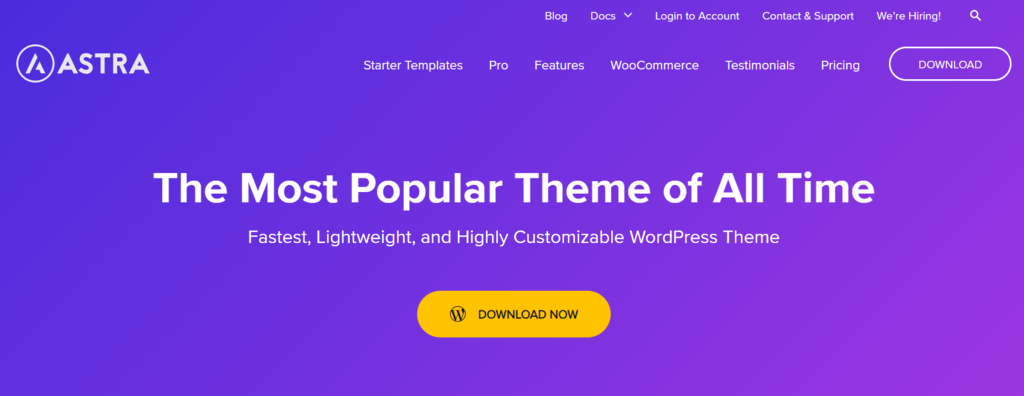 La page d'accueil d'Astra