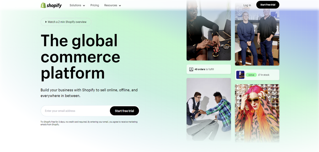 Page d'accueil de Shopify