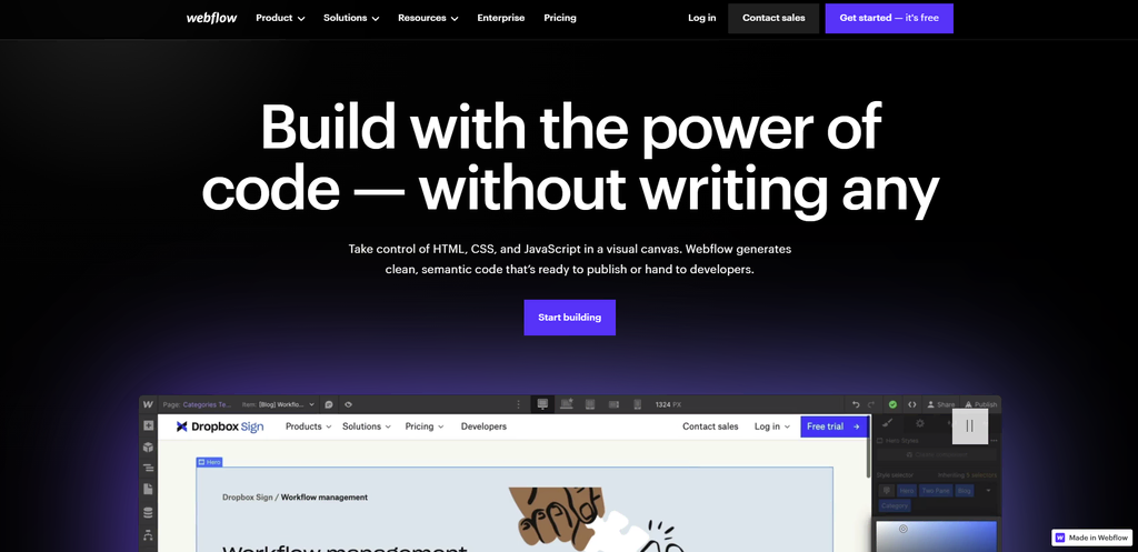 Page d'accueil de Webflow