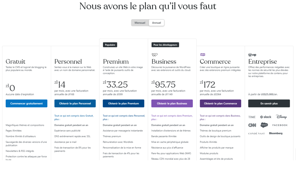 Les plans d'hébergement wordpress