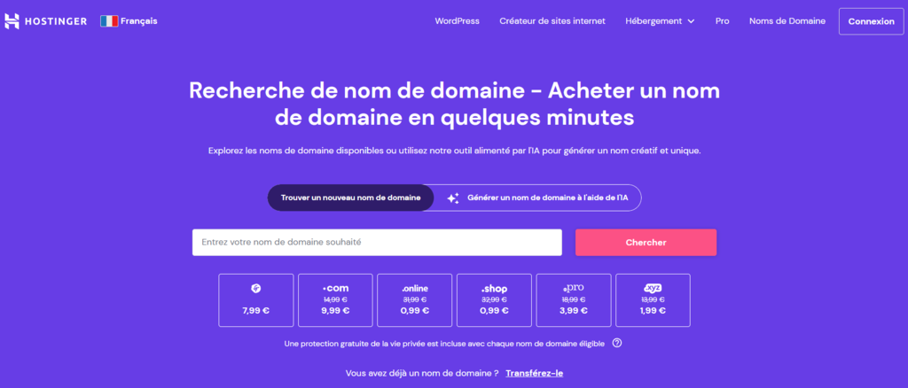 L'outil de v&eacute;rification des domaines dans Hostinger.