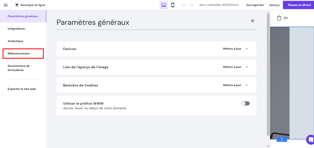 la section R&eacute;f&eacute;rencement dans l'&eacute;diteur du constructeur de sites d'Hostinger