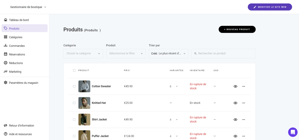 La section Produits dans le gestionnaire de boutique du Créateur de site Hostinger