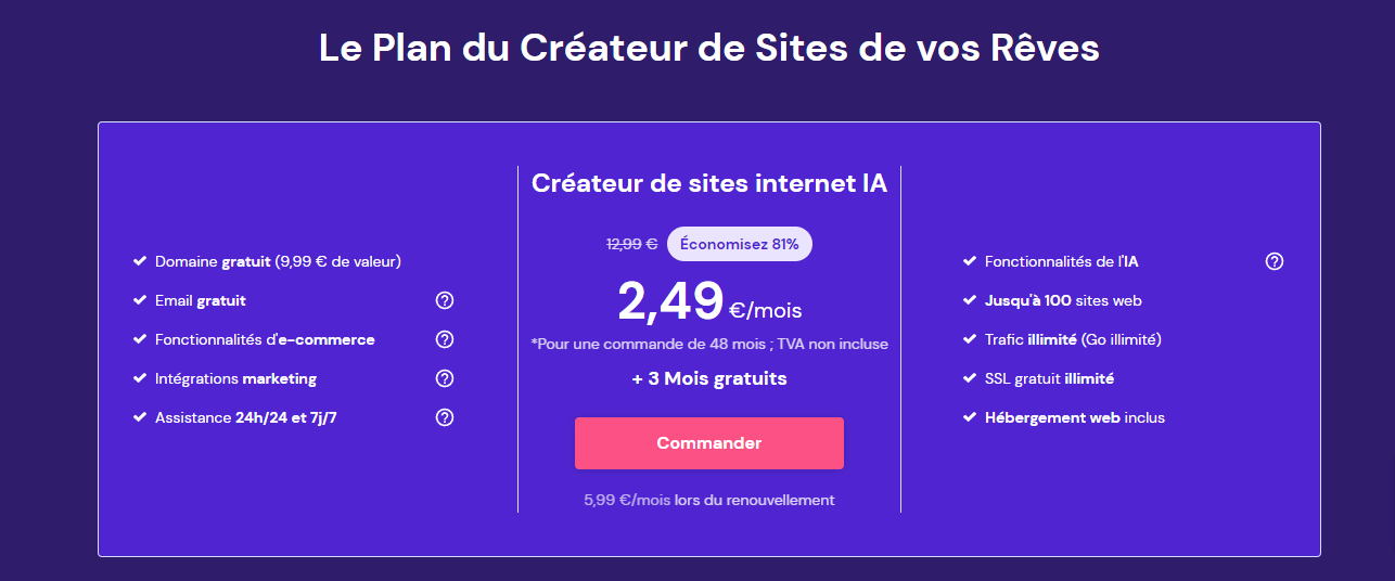 Tarifs et caractéristiques du plan du constructeur de site Hostinger Website Builder