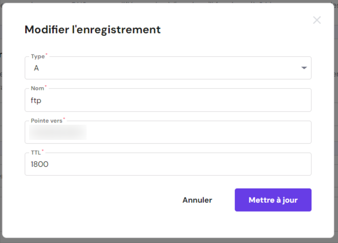 Modification d'un enregistrement A dans l'éditeur de zone DNS de hPanel 
