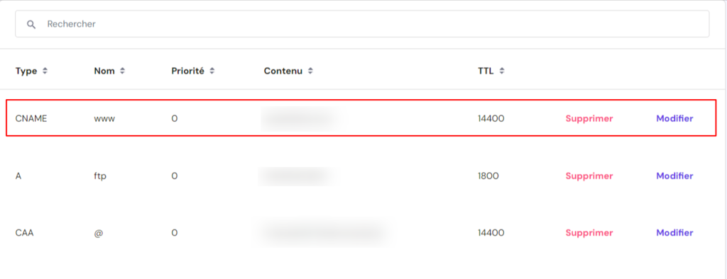 Options d'édition des enregistrements CNAME sur hpanel 