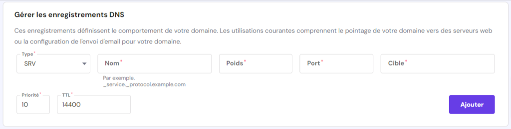 Option d'enregistrement SRV à éditer sur hpanel 