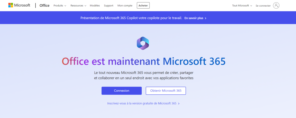 La page d'accueil officielle d'Office 365 avec des boutons pour se connecter et obtenir les services Microsoft 365.
