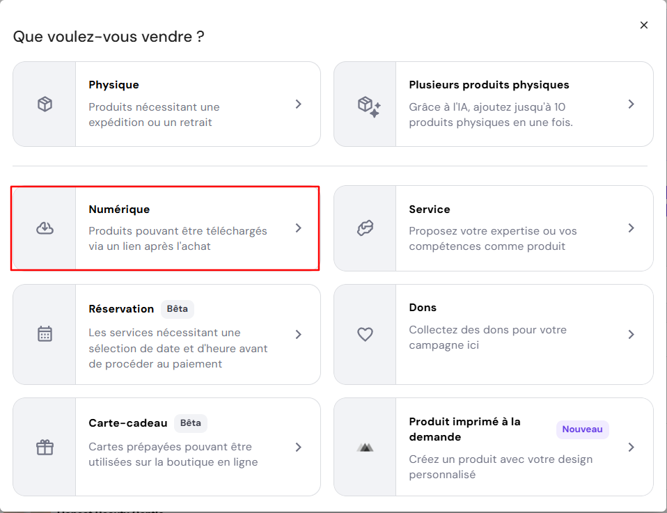 La page « Nouveau produit » mettant en avant l'option Produit numérique