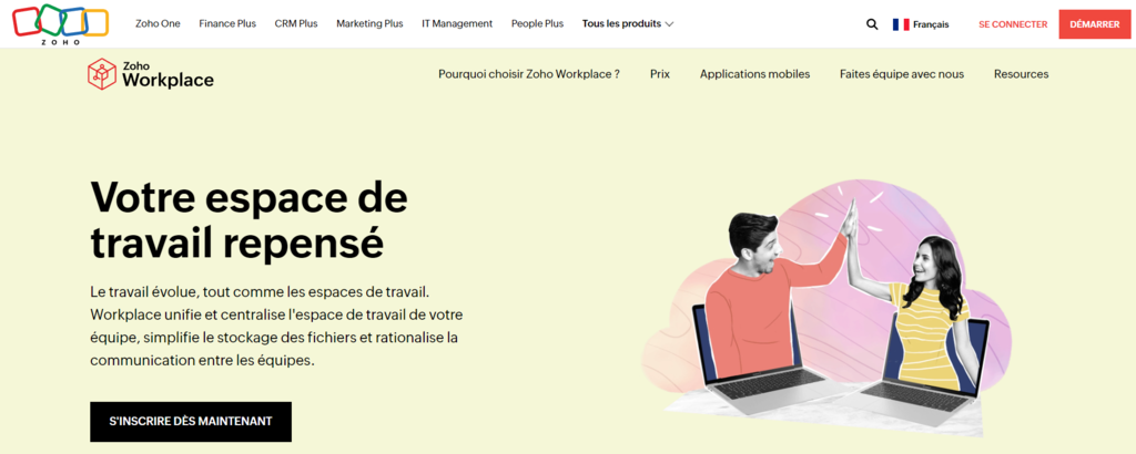 La page d'accueil officielle de Zoho Workplace avec un bouton pour accéder à ses services d'hébergement d'emails.