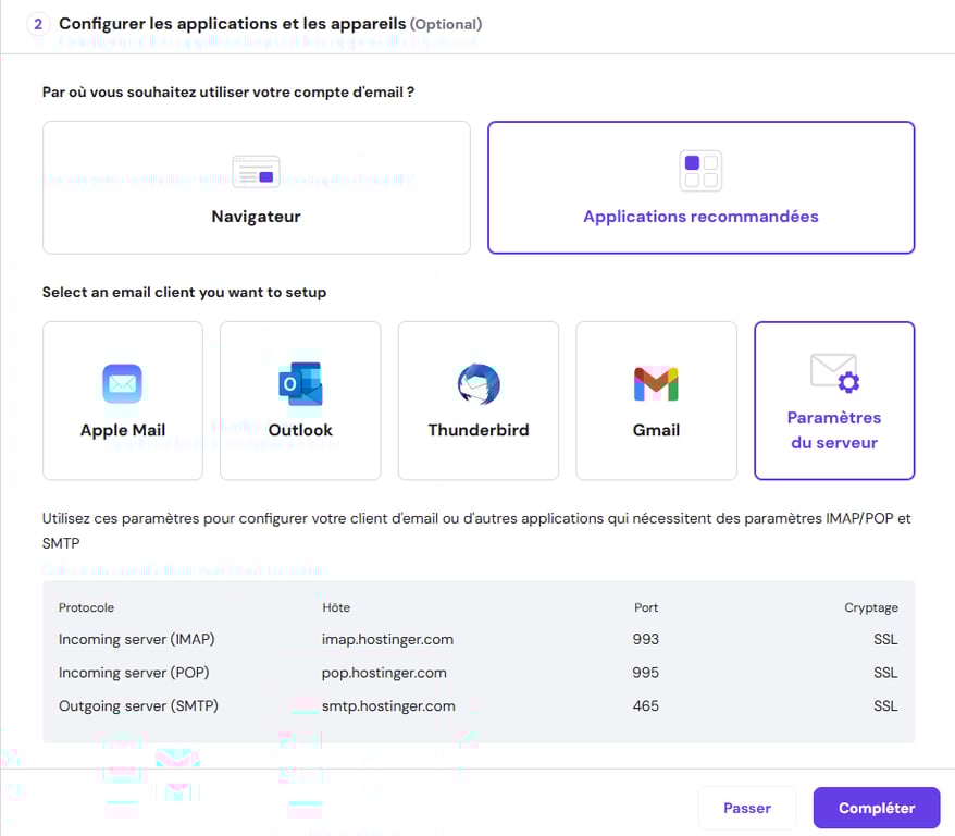 configurer les applications de messagerie et les appareils sur hPanel 
