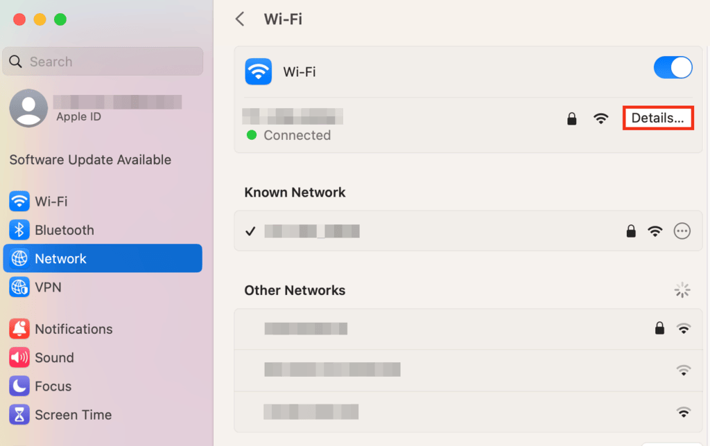 deatils-wifi-macos La section Wi-Fi de macOS avec Détails en surbrillance