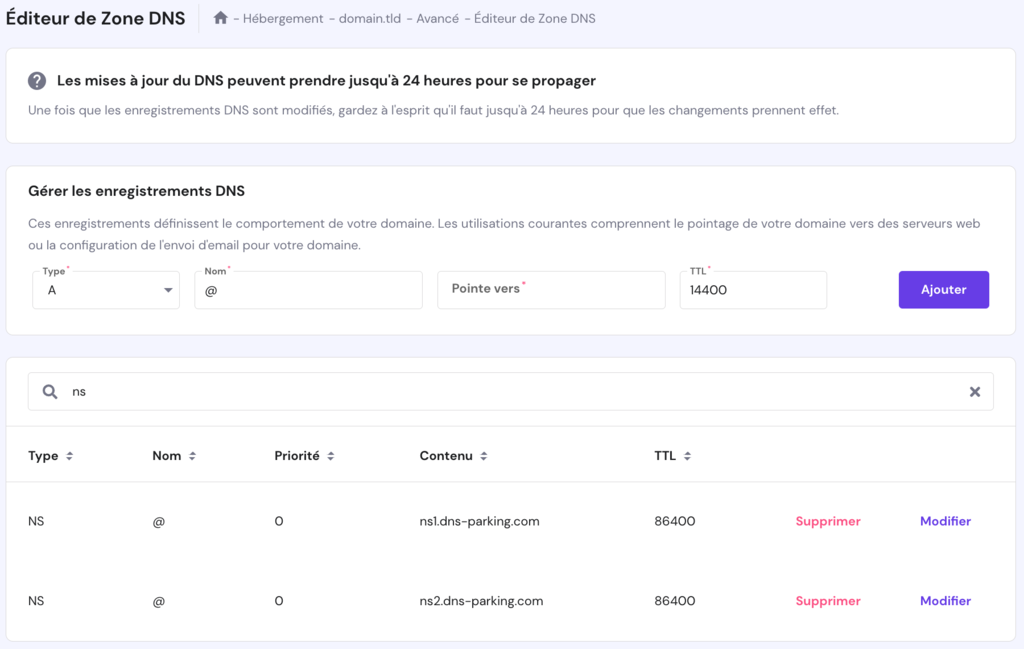 L'éditeur de zone DNS sur hPanel 