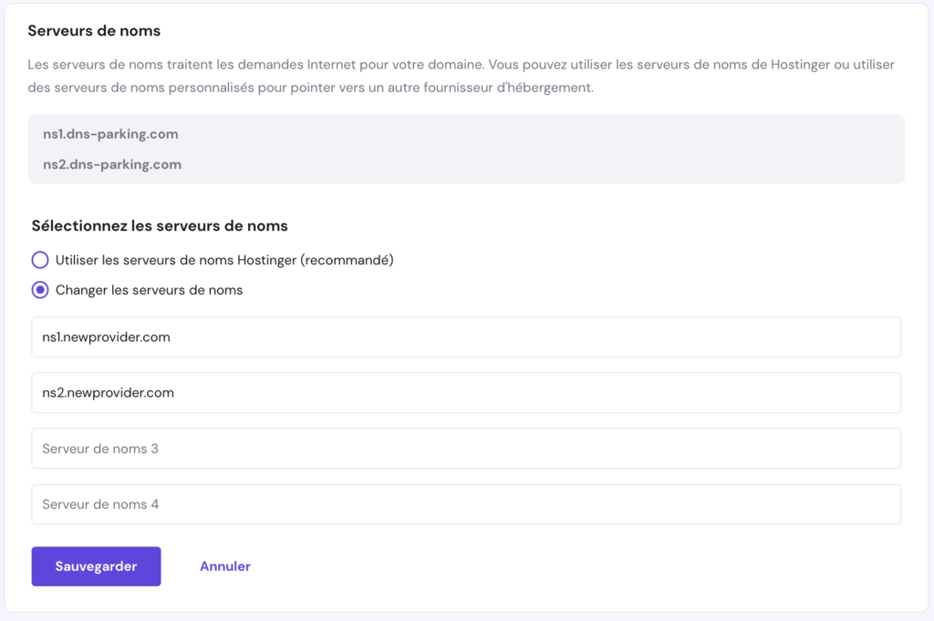 La section Sélectionnez les serveurs de noms sur hPanel 
