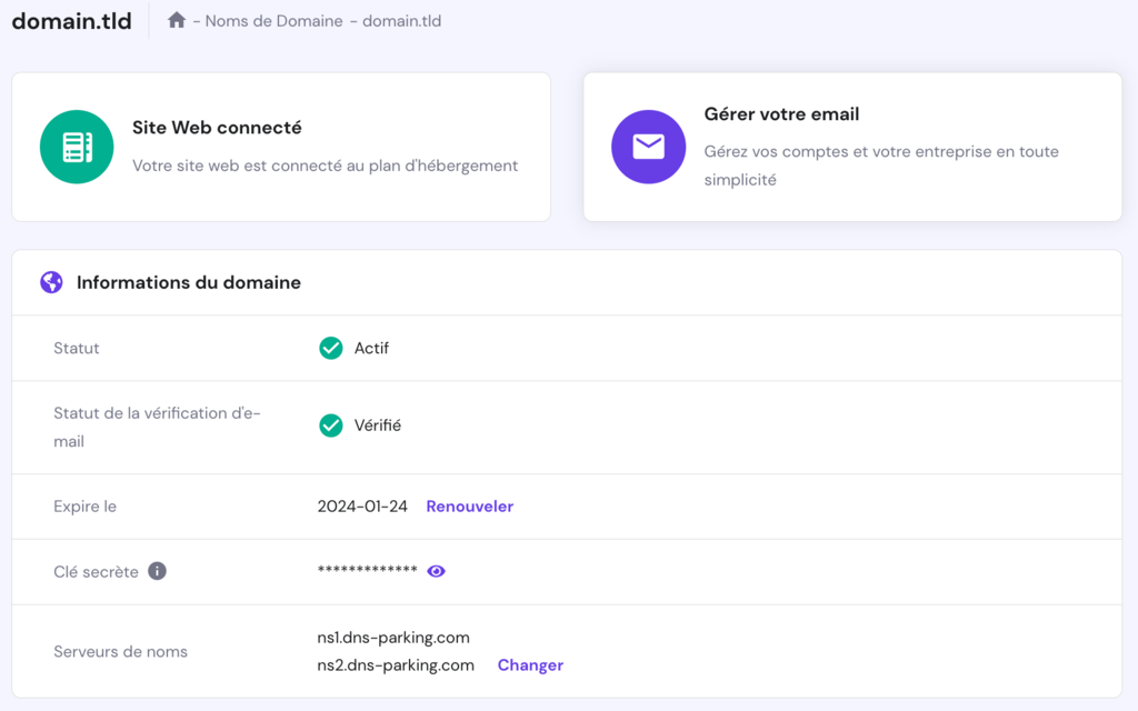 Sélection du bouton Changer dans la section Informations  du domaine sur la page Domaines de hPanel 