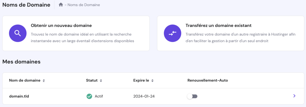 S&eacute;lectionner un domaine sur la page Domaines de hPanel 