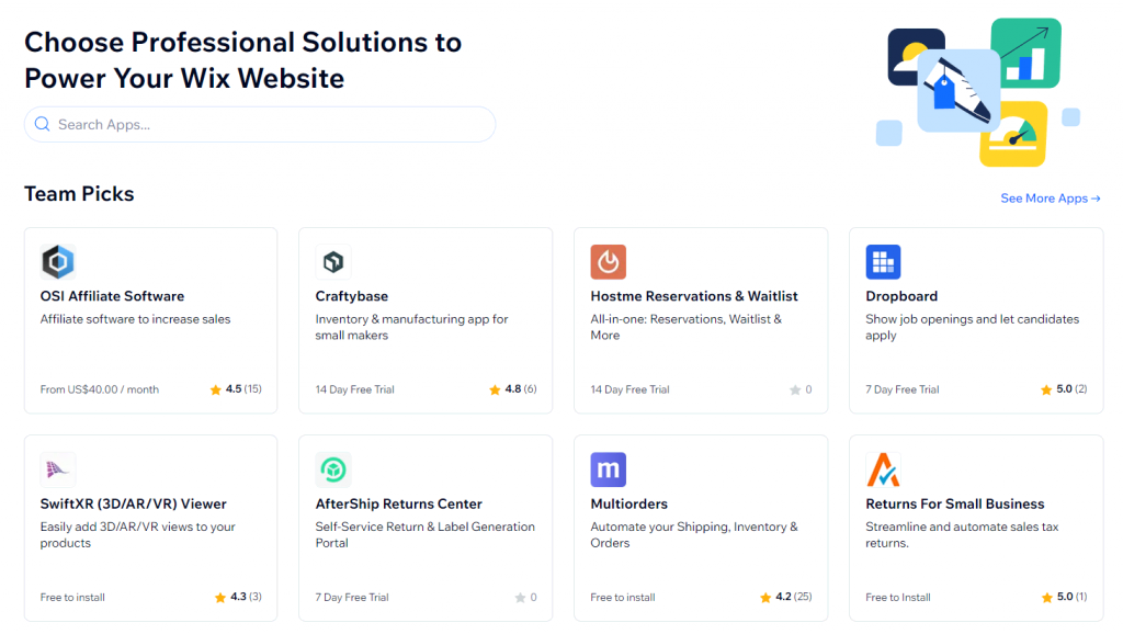 La page d'accueil du marché des applications Wix