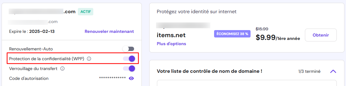 L'option de protection de la confidentialité de Hostinger